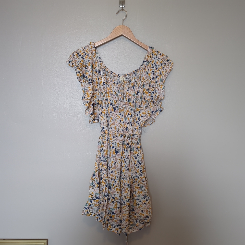 Cream and Blue Ruched Ruffle Mini Sundress